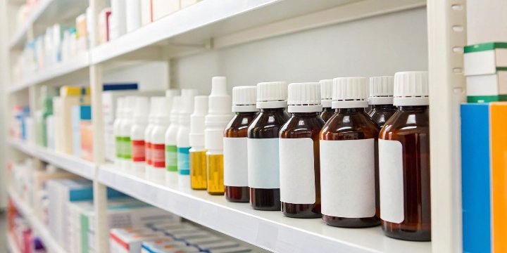 Different types of antacid medicines on a pharmacy shelf