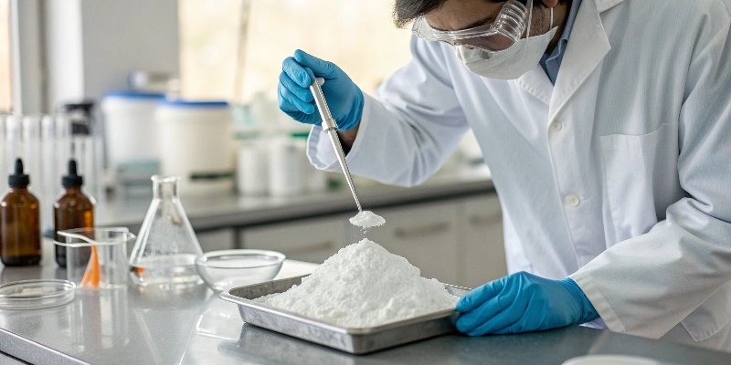 A scientist in a lab coat testing the viscosity of a white chemical powder.