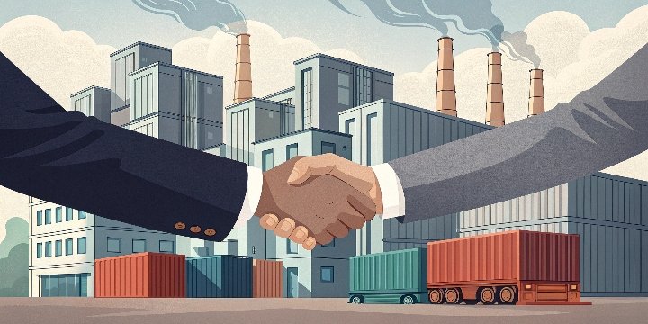 A handshake deal in front of a factory with shipping containers in the background.