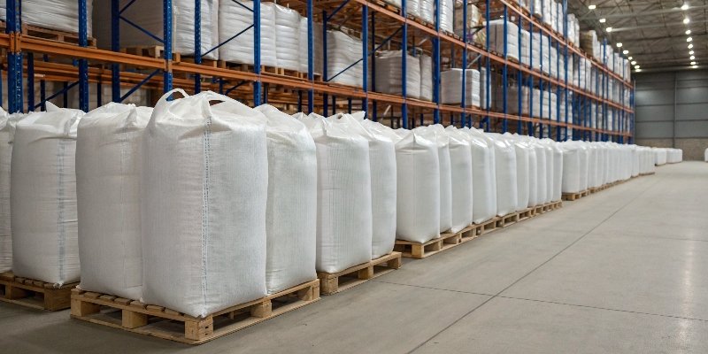 Bags of aluminum hydroxide powder in a warehouse