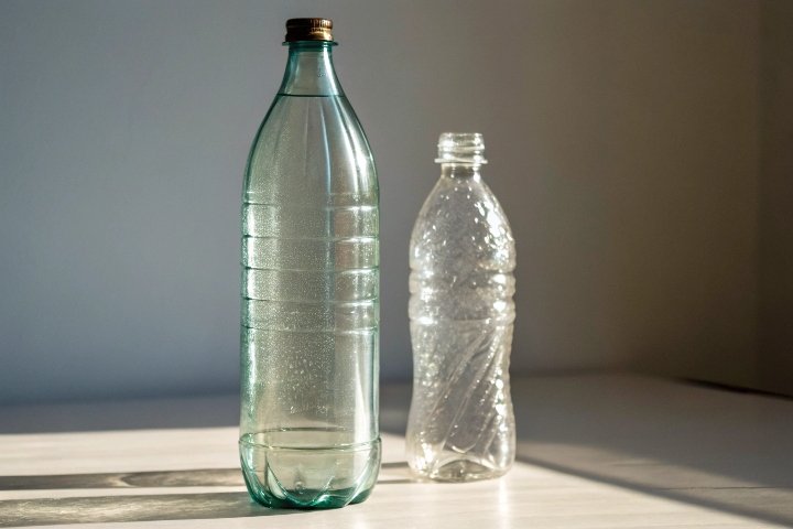 A glass bottle standing next to a plastic bottle