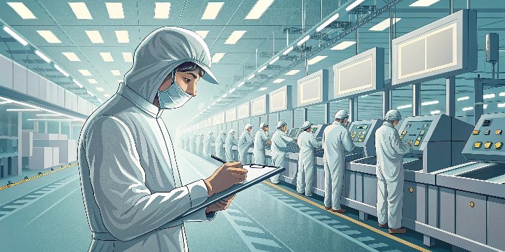 A factory worker in a clean suit carefully monitoring production equipment