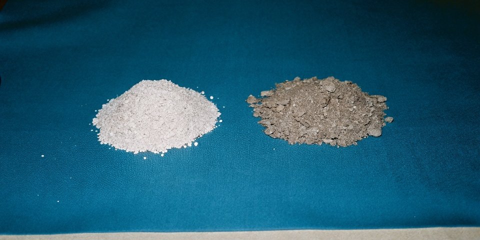 A side-by-side image: on the left, white, sand-like aluminum oxide. On the right, shiny, metallic gray aluminum powder.