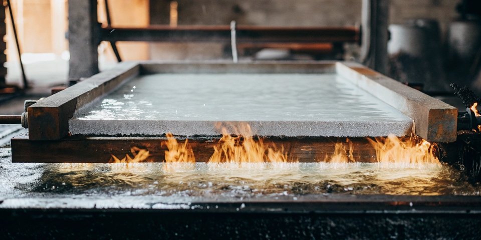 A simple diagram showing a layer of burning gasoline floating on top of a layer of water
