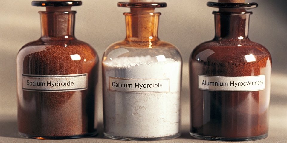 Common Examples of Hydroxides Bottles with chemical labels for Sodium Hydroxide, Calcium Hydroxide, and Aluminum Hydroxide