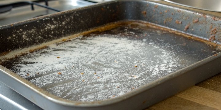 A close-up of the dark, chalky residue on a corroded aluminum pan.