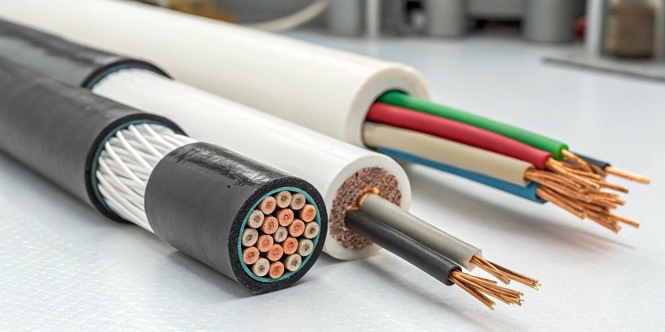 An image of electrical cables with a cross-section showing the inner polymer mixed with flame retardant additives