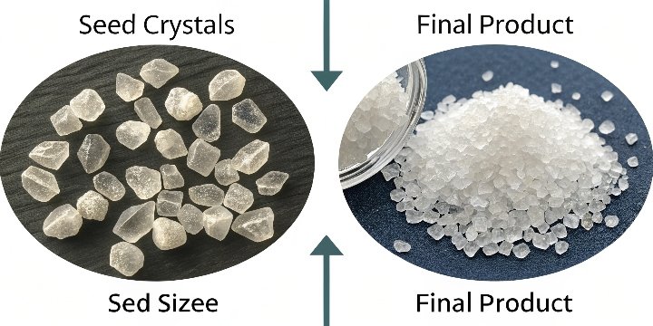 Microscope image of seed crystals vs final product