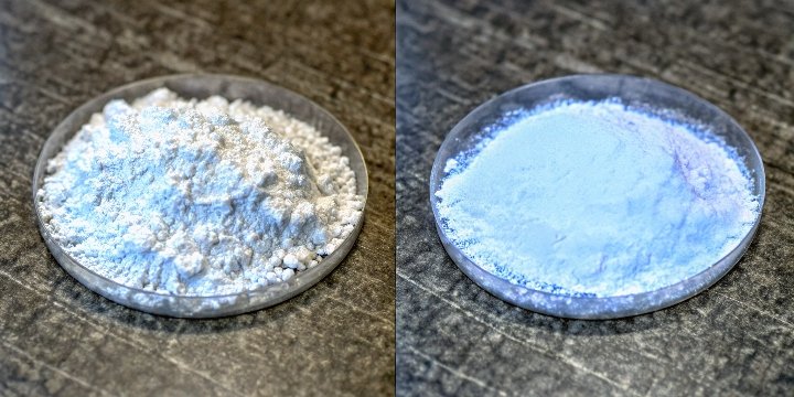 A comparison of pure white aluminum hydroxide powder vs a slightly off-white contaminated sample