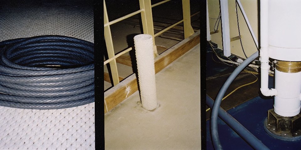 A split image showing three applications: an antacid tablet, a flame retardant cable, and a water purification plant
