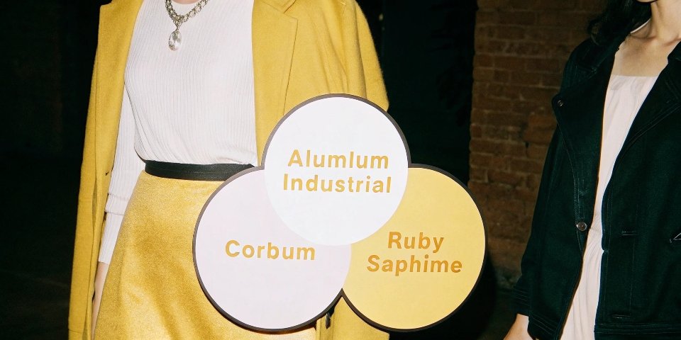 An infographic showing a central circle "Aluminum Oxide" with arrows pointing to "Alumina (Industrial)", "Corundum (Geological)", and "Ruby/Sapphire (Gemstone)"