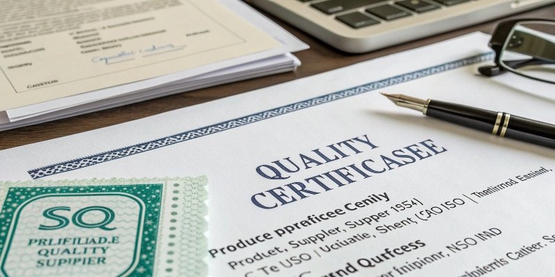 A close-up of a business license and quality certificates on a desk.