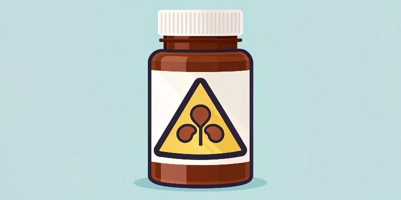 A warning label on a medicine bottle with a kidney symbol