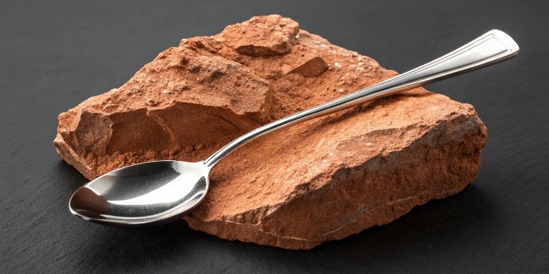 A picture contrasting a rough piece of bauxite rock with a man-made, shiny aluminum spoon