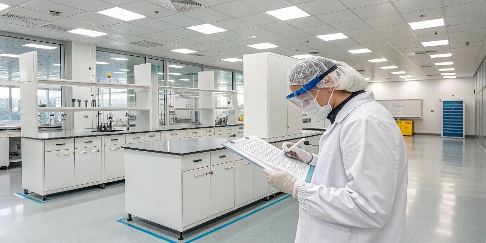 A clean, sterile laboratory setting with a scientist reviewing official pharmacopoeia documentation