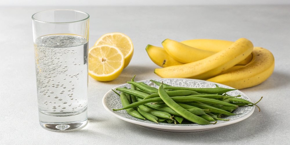 A picture of a glass of mineral water, healthy green beans, and bananas