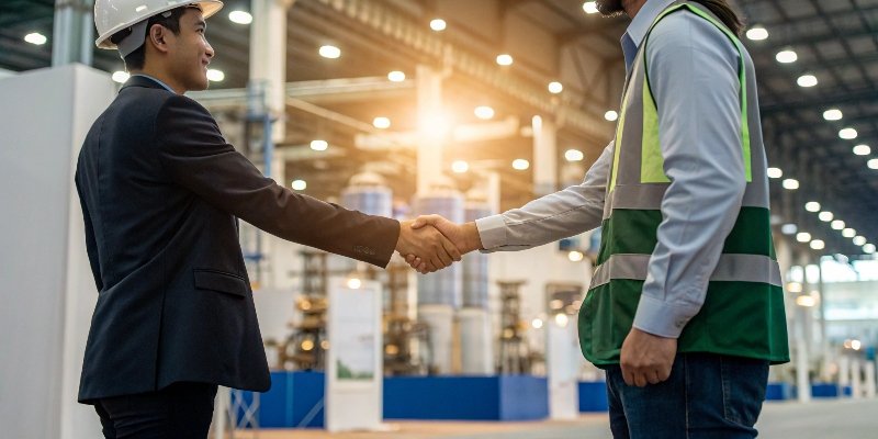 Two people shaking hands at an industrial trade show in front of chemical company booths