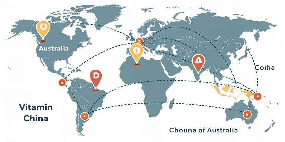 Global sources of Vitamin ingredients A world map with pins and lines indicating the origin of different vitamin ingredients