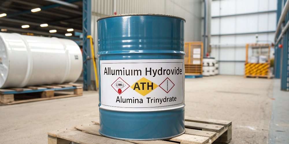 A chemical drum with a label showing multiple names: Aluminum Hydroxide, ATH, Alumina Trihydrate