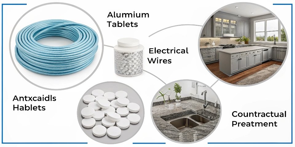 An infographic showing the main uses: antacid tablets, coiled electrical wires, a modern countertop, and a water treatment facility