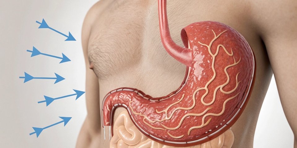 A medical illustration showing the stomach with arrows indicating acid neutralization