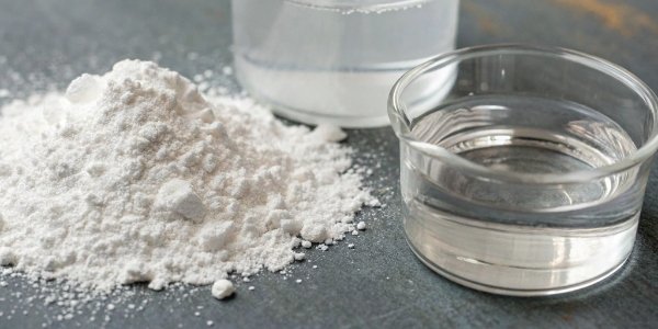 A close-up of white aluminum hydroxide powder next to a beaker of clear water