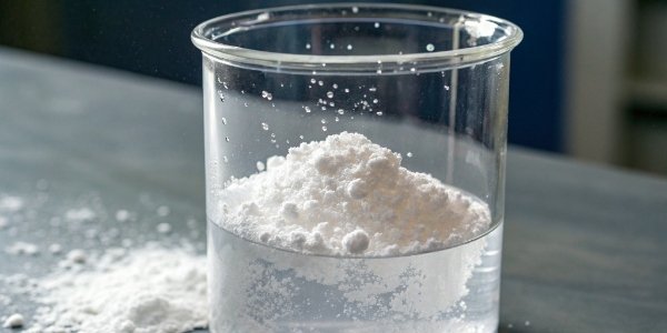 White powder of aluminum hydroxide in a beaker of water