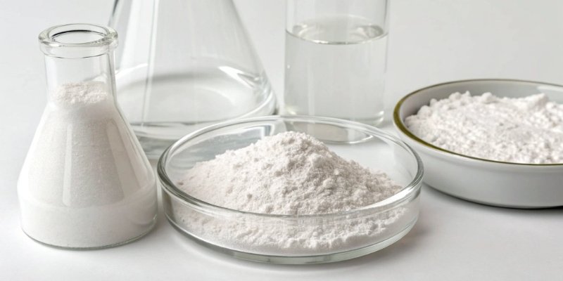 Aluminum Hydroxide for Ceramics and Glass Aluminum hydroxide powder next to finished ceramic and glass products