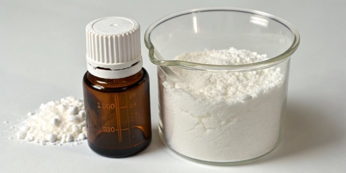 A laboratory beaker with white aluminum hydroxide powder next to a pharmaceutical bottle