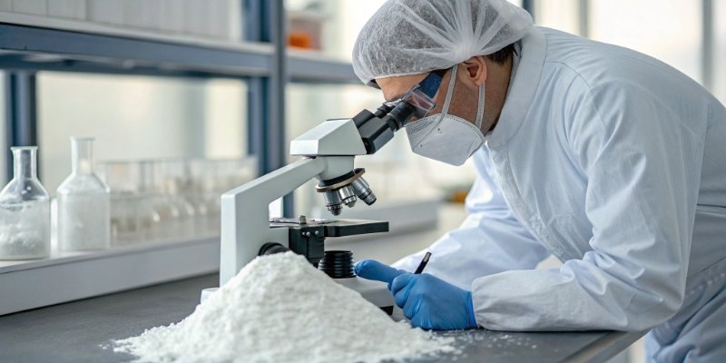 Reliable Aluminum Hydroxide Supplier A quality control inspector checking a sample of white aluminum hydroxide powder in a factory lab