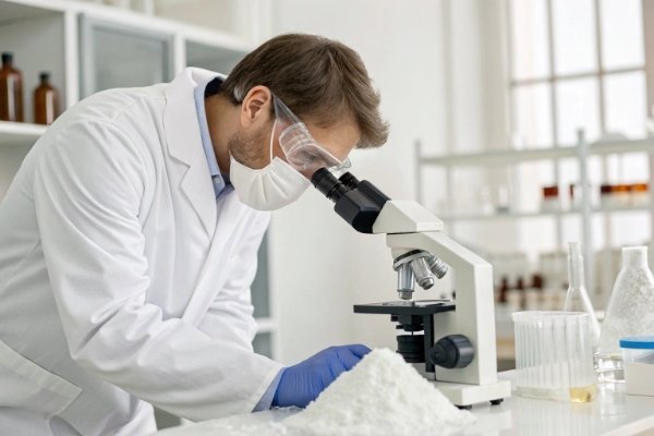 Verifying Aluminum Hydroxide Quality A lab technician inspecting a sample of white aluminum hydroxide powder.