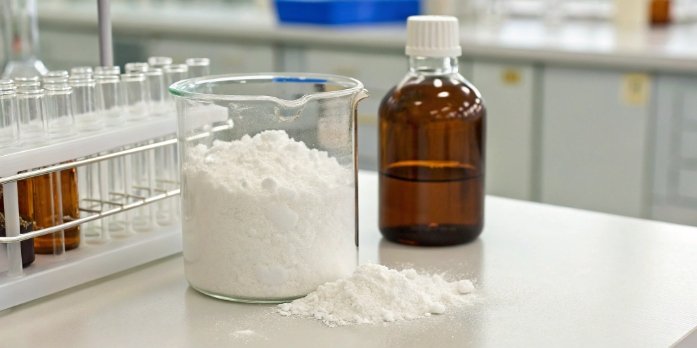 A laboratory beaker containing white aluminum hydroxide powder next to a bottle of antacids.
