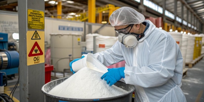 A factory worker in protective gear handling white powder.
