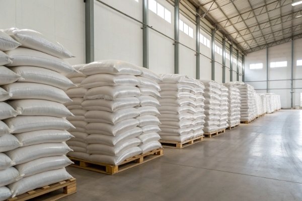 Proper Storage of Aluminum Hydroxide Warehouse with neatly stacked bags of aluminum hydroxide in a clean, dry environment.