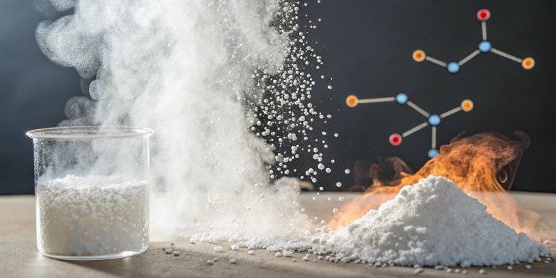 Endothermic Reaction of Aluminum Hydroxide Diagram showing heat being absorbed by Al(OH)3 particles during a reaction
