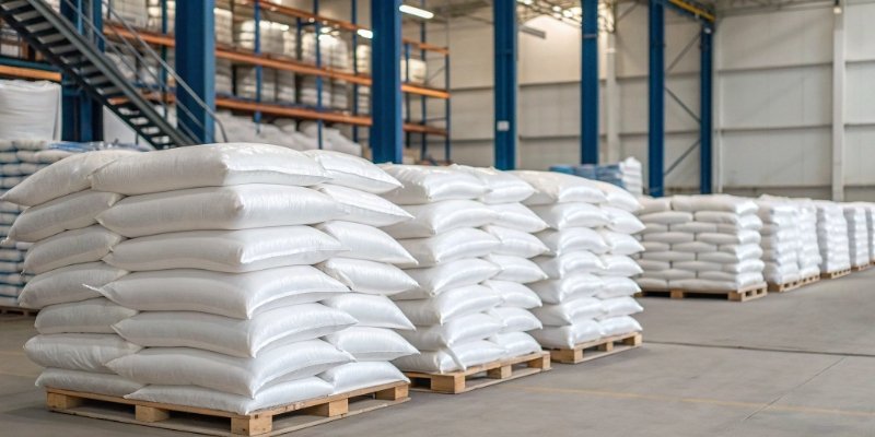 Industrial Grade Aluminum Hydroxide Bags of aluminum hydroxide powder in an industrial warehouse
