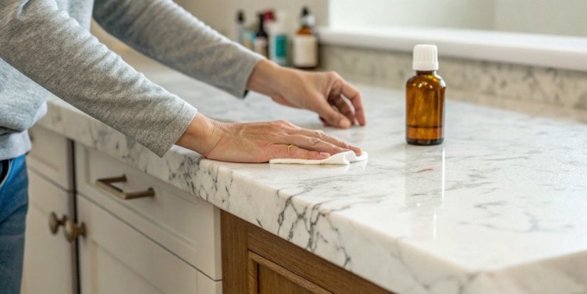 Aluminum Hydroxide Safety in Home A photo of a person safely touching an artificial marble countertop, with a small pharmaceutical bottle in the background.