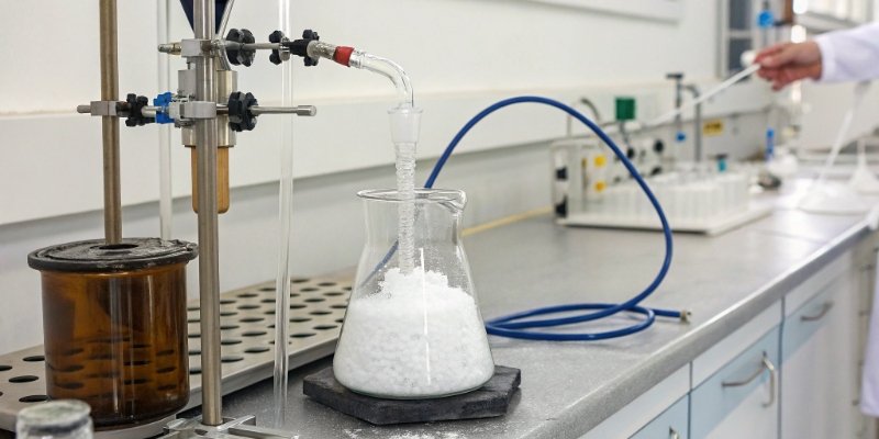 A laboratory setup showing the reaction to produce aluminum fluoride from aluminum hydroxide.