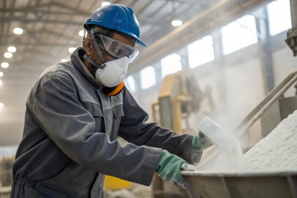 Safe Handling of Aluminum Hydroxide A factory worker wearing a dust mask, safety glasses, and gloves while handling aluminum hydroxide powder.