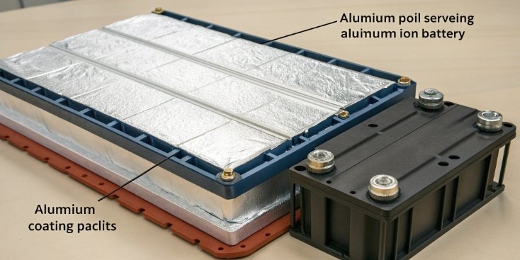 Aluminum in Lithium-Ion Batteries Diagram of a lithium-ion battery showing aluminum components