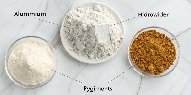 Artificial Marble Components An infographic or exploded view showing the different components of artificial marble: resin, aluminum hydroxide powder, and pigments.