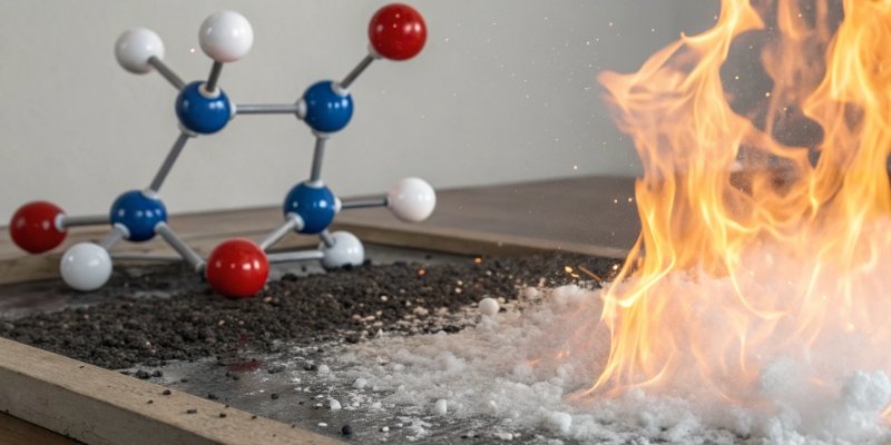 Aluminum Hydroxide Decomposition A diagram showing aluminum hydroxide molecules breaking down under heat