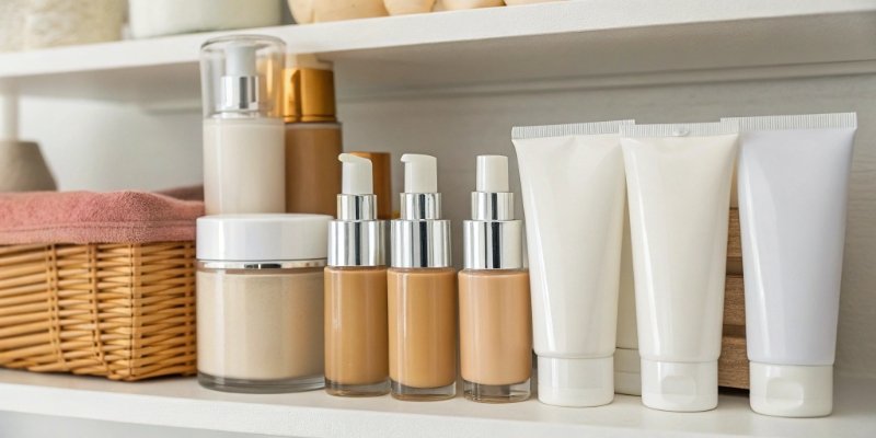a collection of cosmetic products like sunscreen and foundation on a shelf