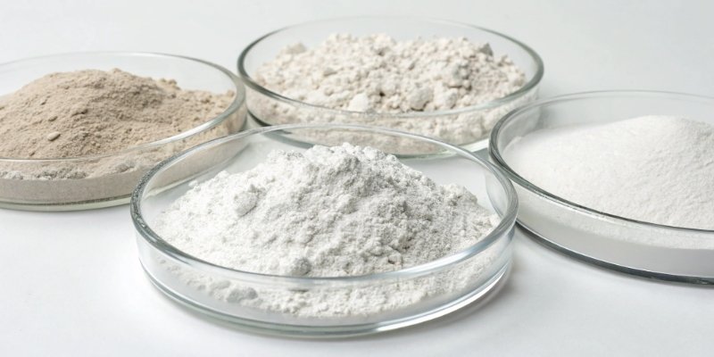 Types of Aluminum Hydroxide Different samples of aluminum hydroxide powder, from coarse to ultra-fine, in petri dishes