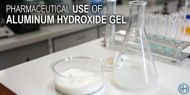 Pharmaceutical Use of Aluminum Hydroxide A pharmaceutical setting with beakers, showing a white gel-like substance representing aluminum hydroxide gel.