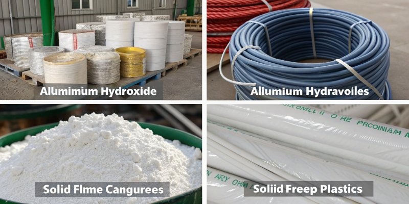 Industrial Uses of Aluminum Hydroxide A collage of products containing aluminum hydroxide like cables and solid surfaces
