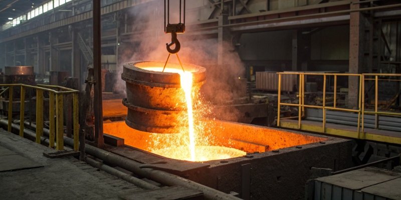 Molten cryolite in an electrolytic cell glowing orange during aluminum production.