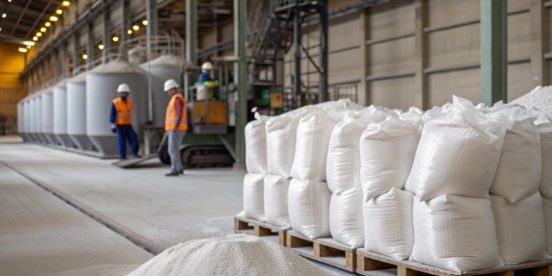 Raw Materials for Glass Manufacturing Bags of soda ash and silica sand in a glass factory setting