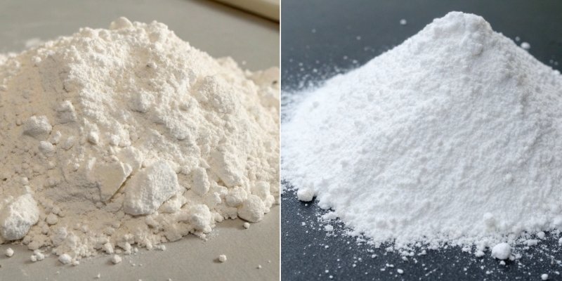 Aluminum Hydroxide vs Magnesium Hydroxide A split image showing aluminum hydroxide powder on one side and magnesium hydroxide powder on the other