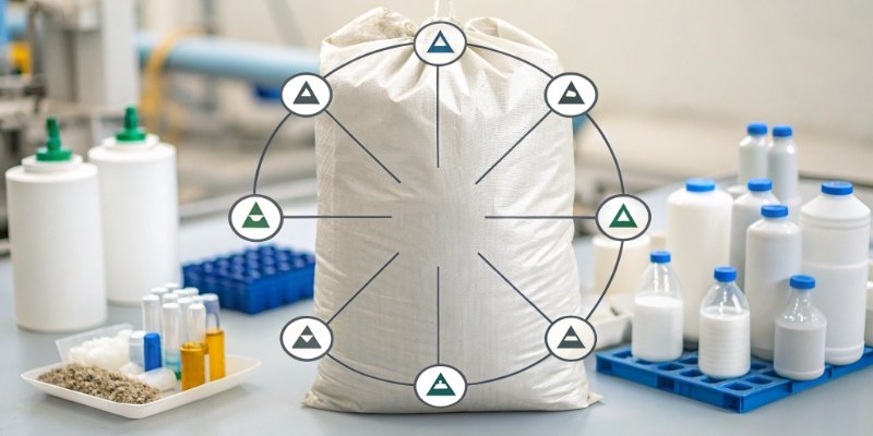 One Product, Many Industries A diagram showing different industries like Pharma and Plastics all pointing to a central bag of Al(OH)₃.